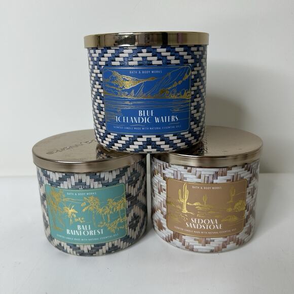 Bath & Body Works Candles Sedona Sandstone Bali Icelandic Waters 3 Wick 14.5oz - Picture 1 of 10